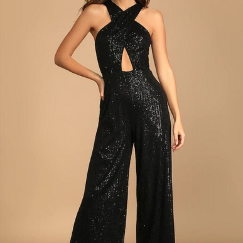 LULUS Size SMALL Shining Confidence Black Sequin Cutout Halter Wide Leg Jumpsuit